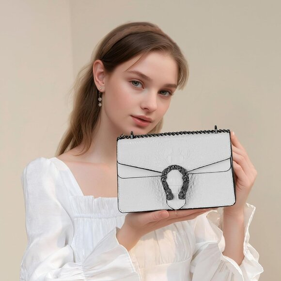 ⚡ Women's Crocodile White Snake Leather Print Casual Satchel Crossbody Handbag - Picture 3 of 7